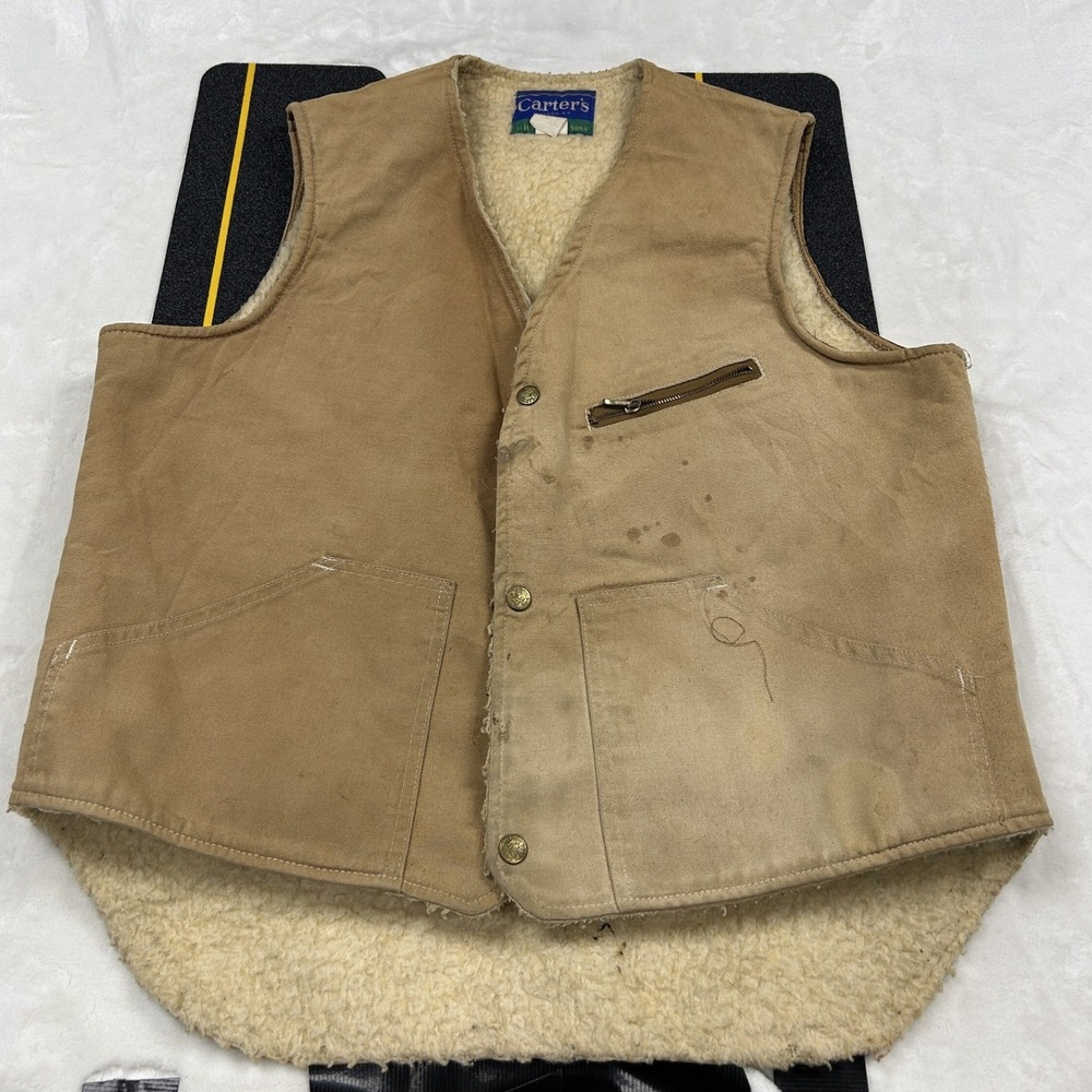 Carter's Work Vest Mens XL Tan Canvas Fleece Lined Distressed USA Made Vintage